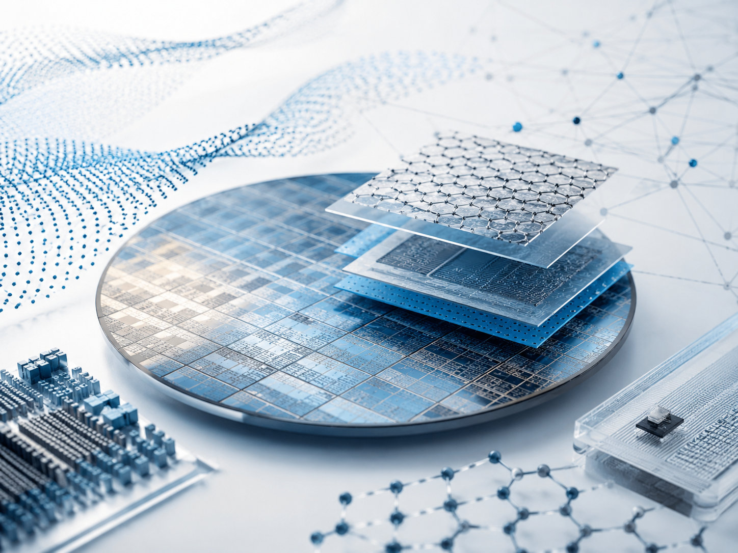 Conceptual nanotechnology and advanced device illustration with wafer, layered materials and nanoelectronic structures