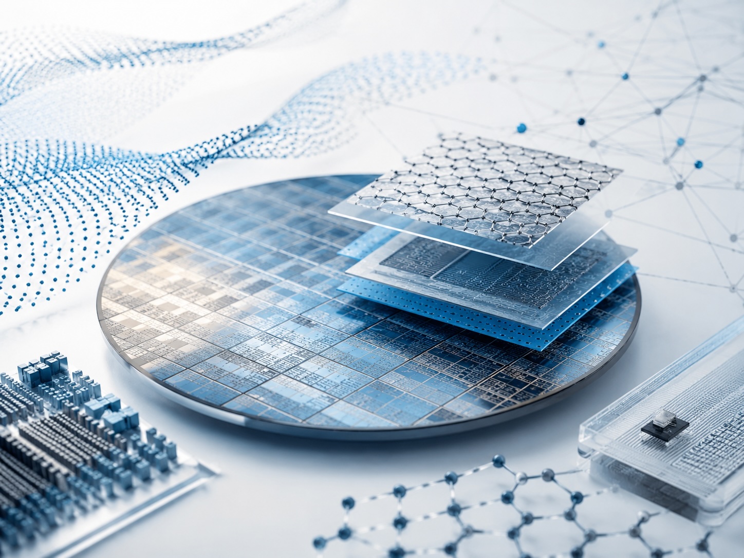 Conceptual nanotechnology and advanced device illustration representing application fields from microelectronics and graphene materials to photonics, biotechnology, MEMS, metamaterials and advanced processes