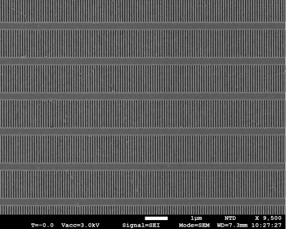 SEM micrograph of freestanding transmission gratings with 50 nm bars and 50 nm slits